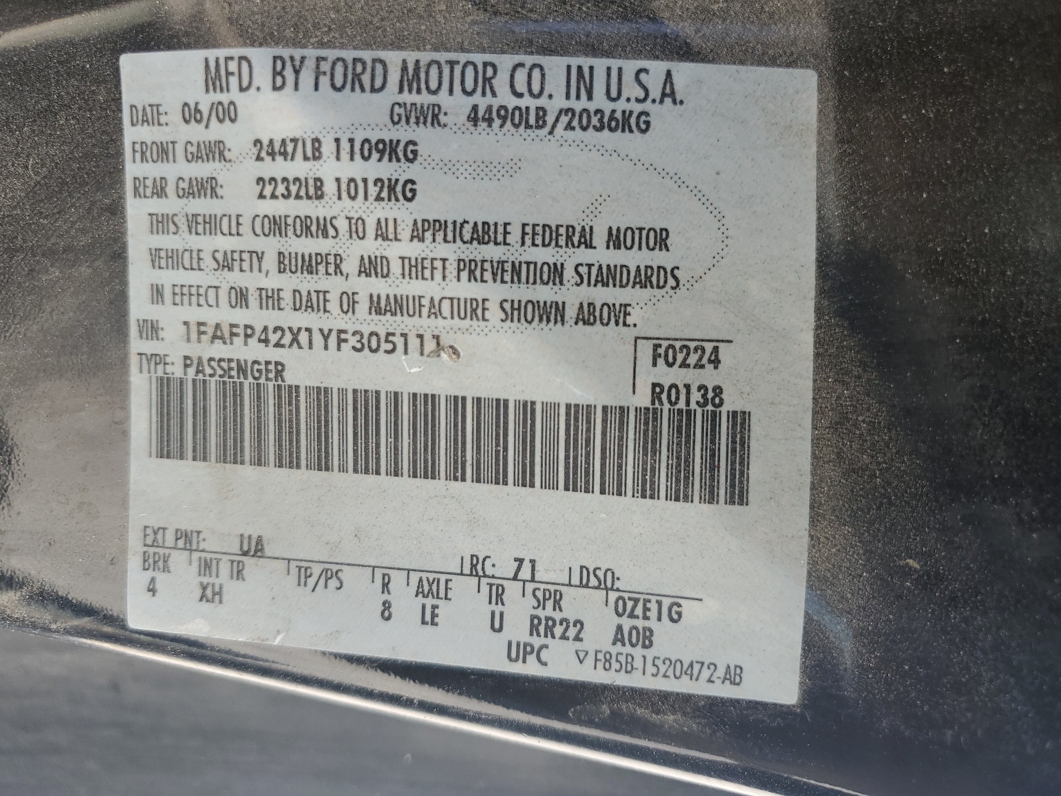 1FAFP42X1YF305111 2000 Ford Mustang Gt