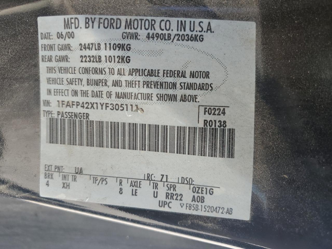 2000 Ford Mustang Gt VIN: 1FAFP42X1YF305111 Lot: 65212914