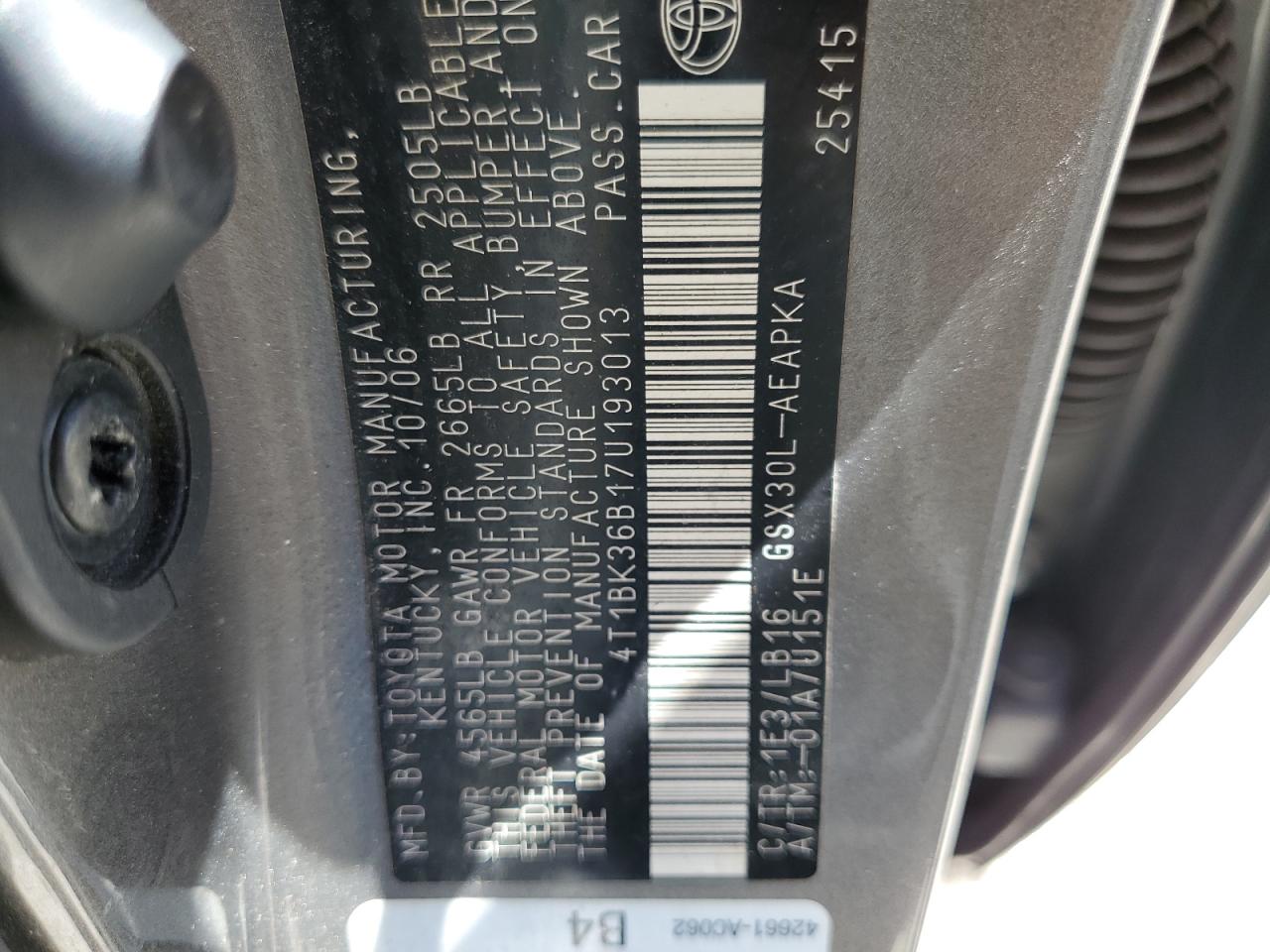 2007 Toyota Avalon Xl VIN: 4T1BK36B17U193013 Lot: 61165424