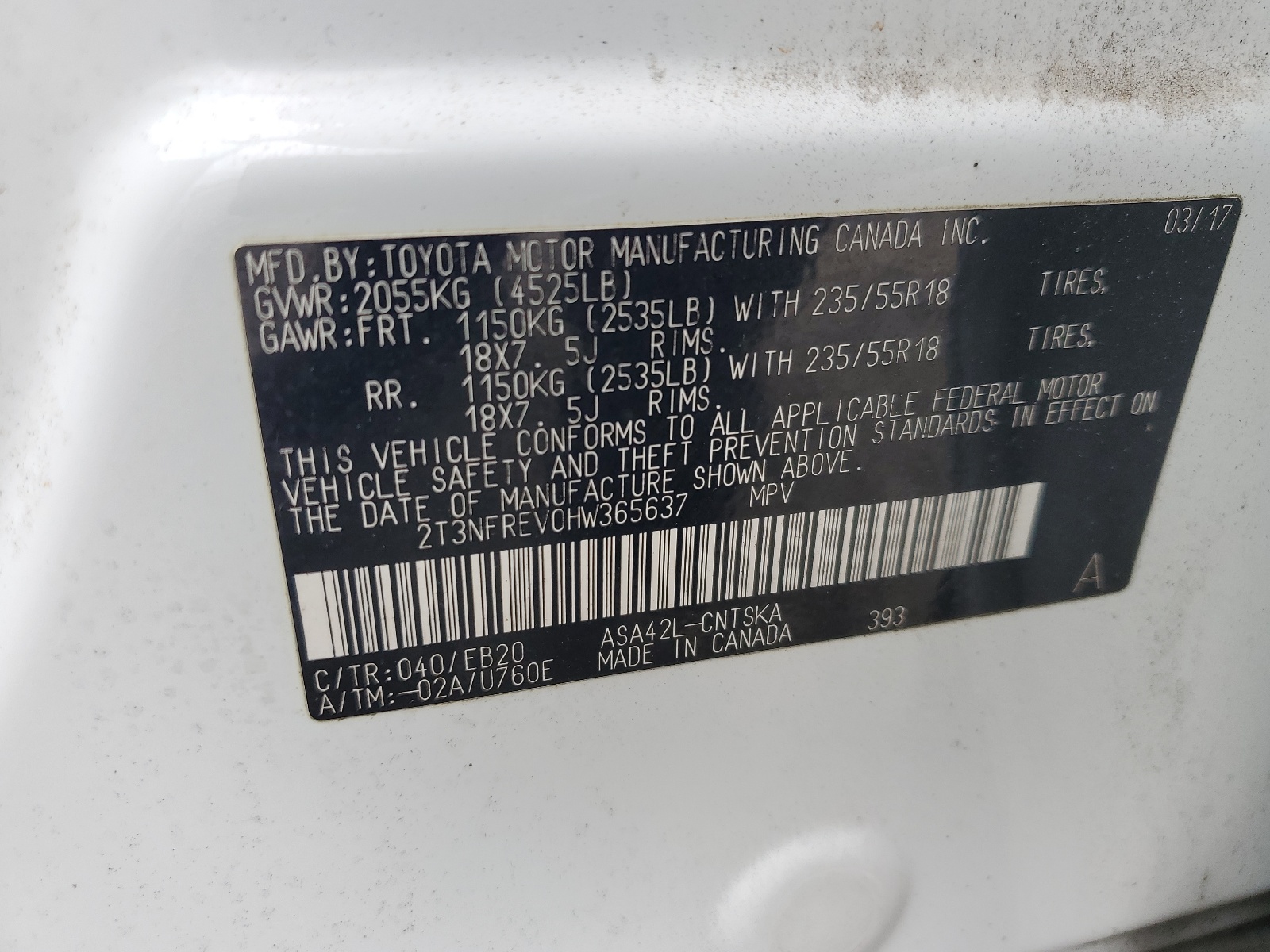 2T3NFREV0HW365637 2017 Toyota Rav4 Se