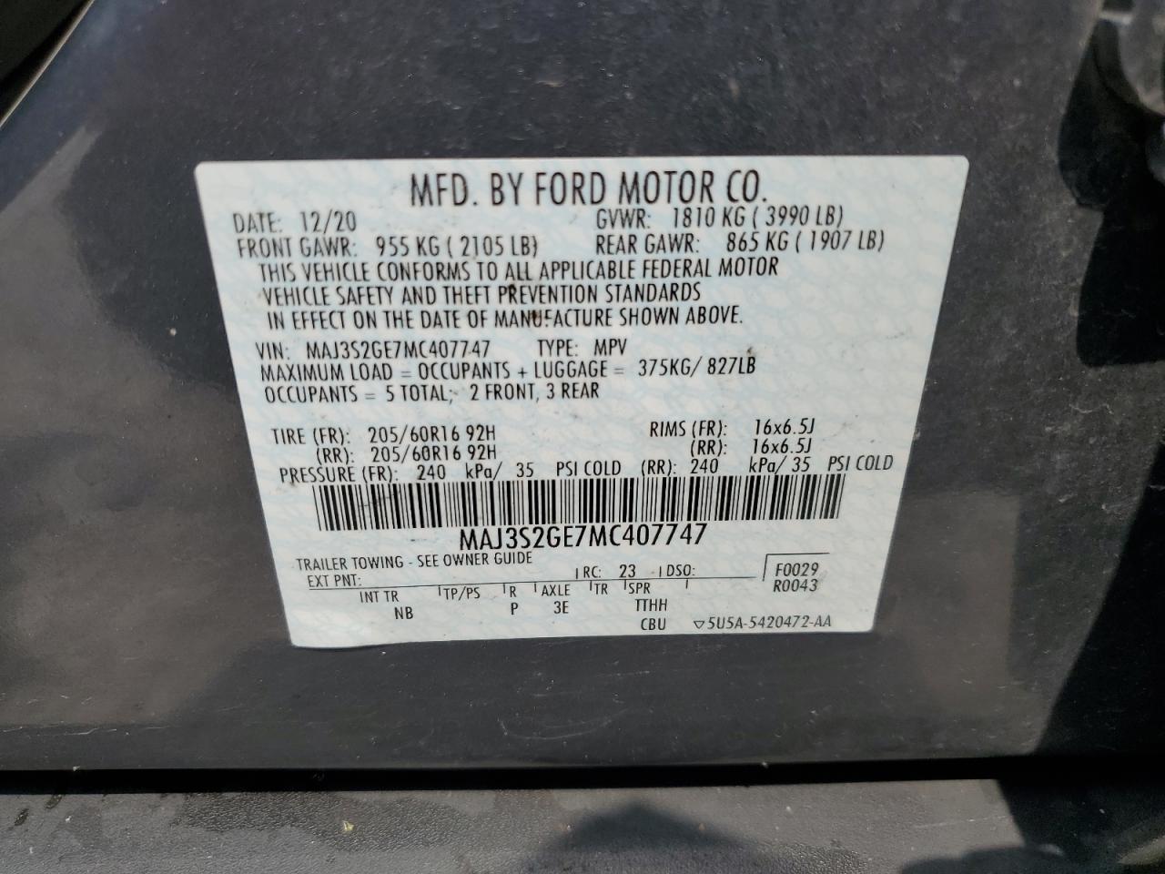 MAJ3S2GE7MC407747 2021 Ford Ecosport Se