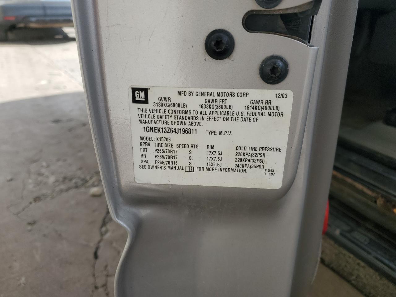 2004 Chevrolet Tahoe K1500 VIN: 1GNEK13Z64J196811 Lot: 63772484