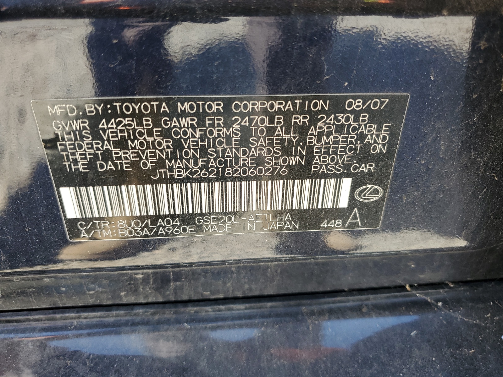 JTHBK262182060276 2008 Lexus Is 250