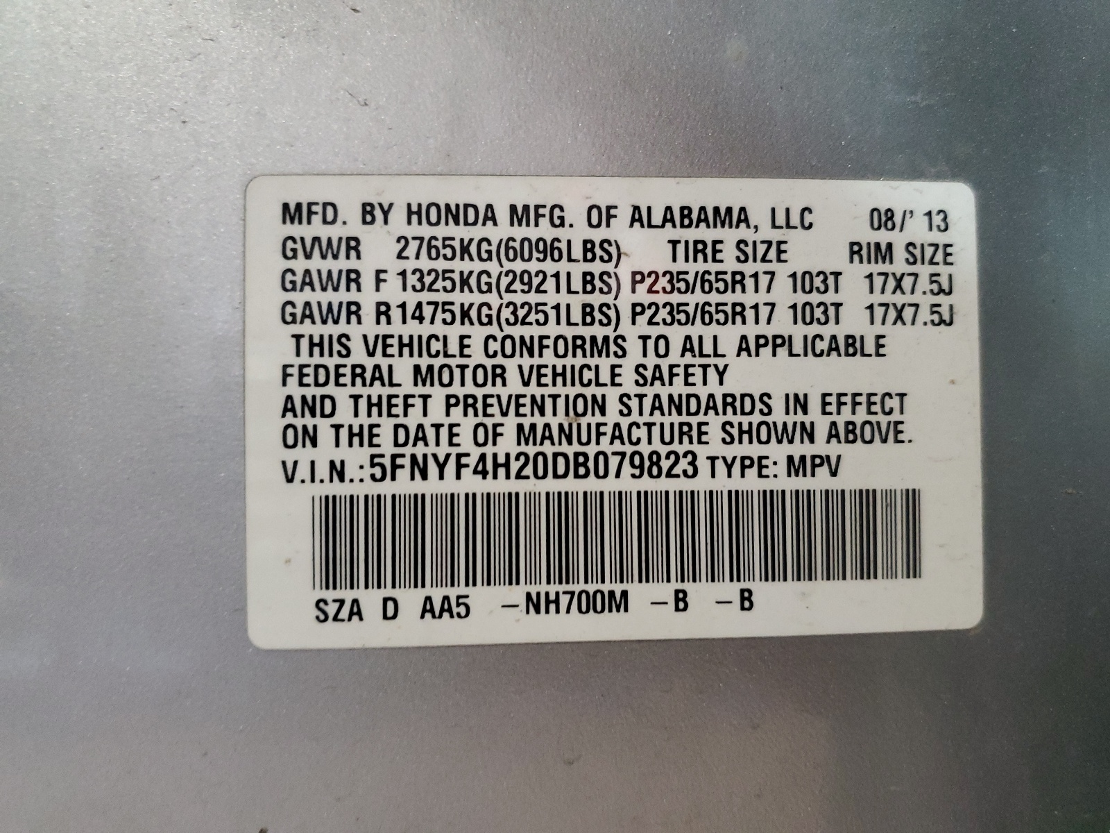 5FNYF4H20DB079823 2013 Honda Pilot Lx