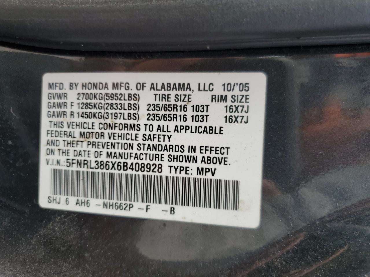 2006 Honda Odyssey Exl VIN: 5FNRL386X6B408928 Lot: 59882474