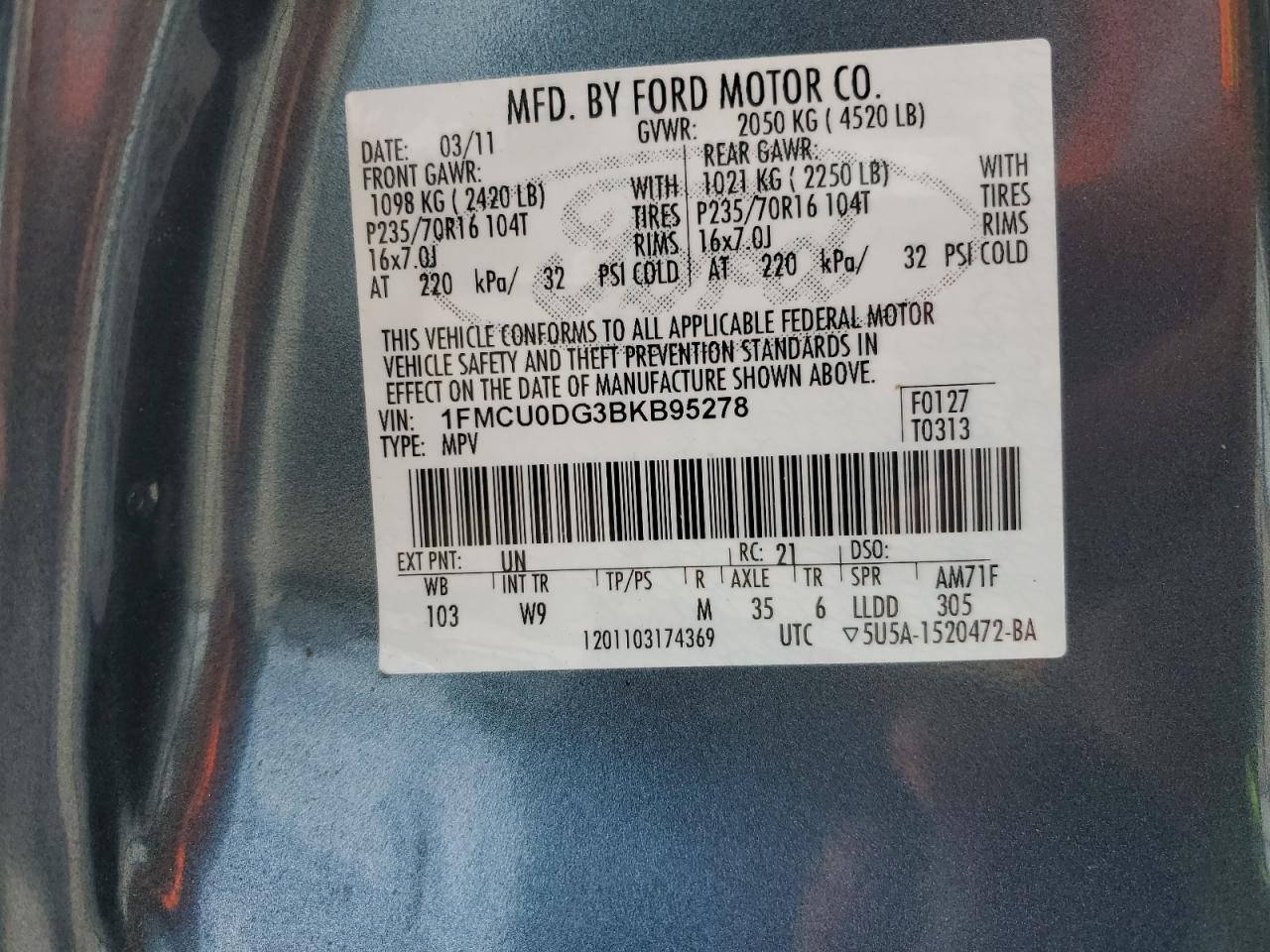 2011 Ford Escape Xlt VIN: 1FMCU0DG3BKB95278 Lot: 63296834