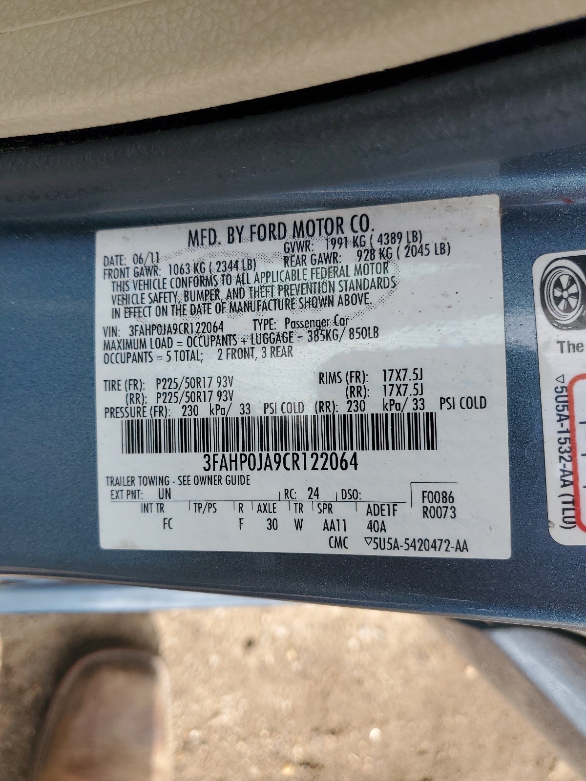 3FAHP0JA9CR122064 2012 Ford Fusion Sel