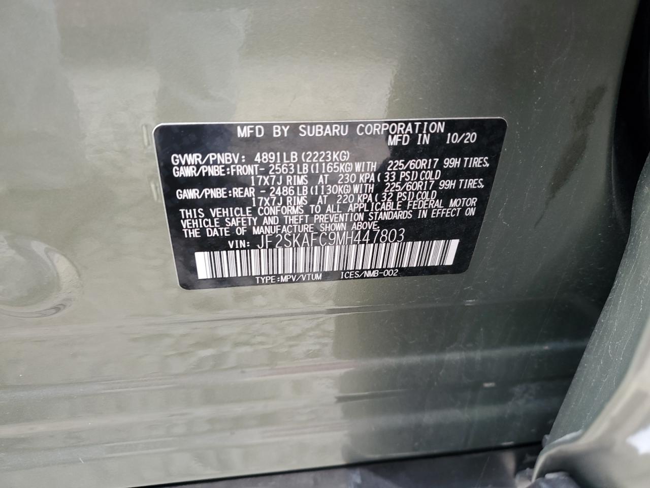 2021 Subaru Forester Premium VIN: JF2SKAFC9MH447803 Lot: 63862404