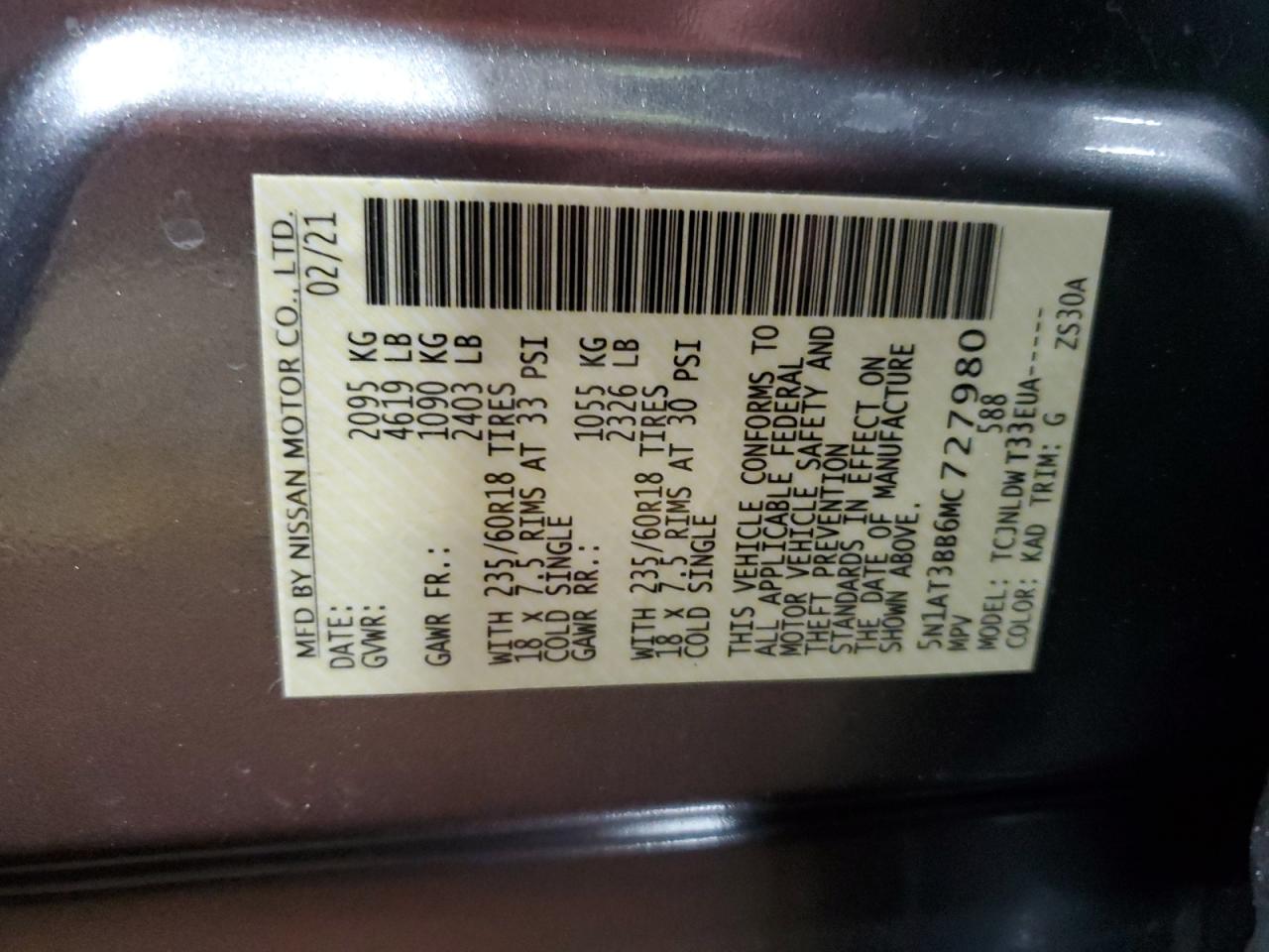 2021 Nissan Rogue Sv VIN: 5N1AT3BB6MC727980 Lot: 61998764