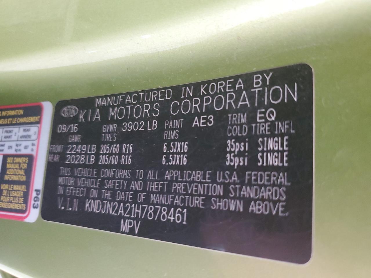 2017 Kia Soul VIN: KNDJN2A21H7878461 Lot: 62241644