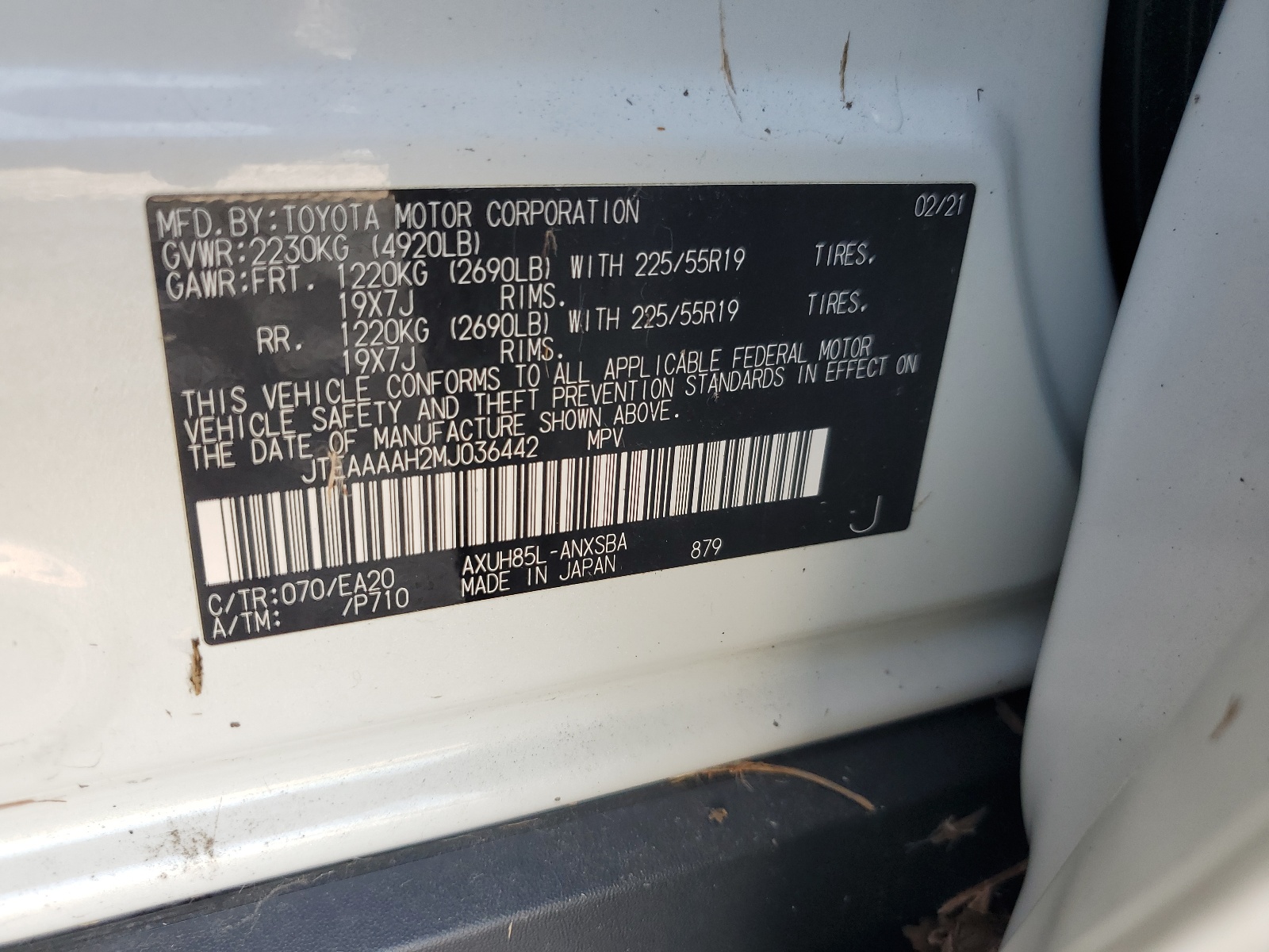 JTEAAAAH2MJ036442 2021 Toyota Venza Le