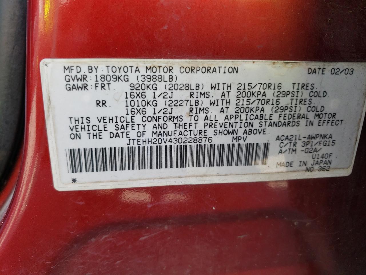 2003 Toyota Rav4 VIN: JTEHH20V430228876 Lot: 62339754