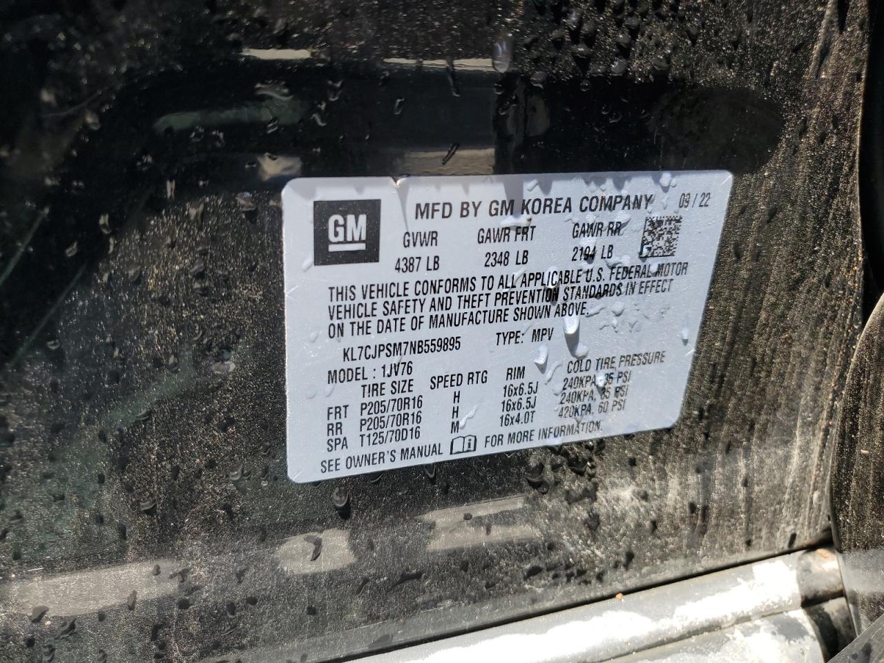 2022 Chevrolet Trax 1Lt VIN: KL7CJPSM7NB559895 Lot: 62958034