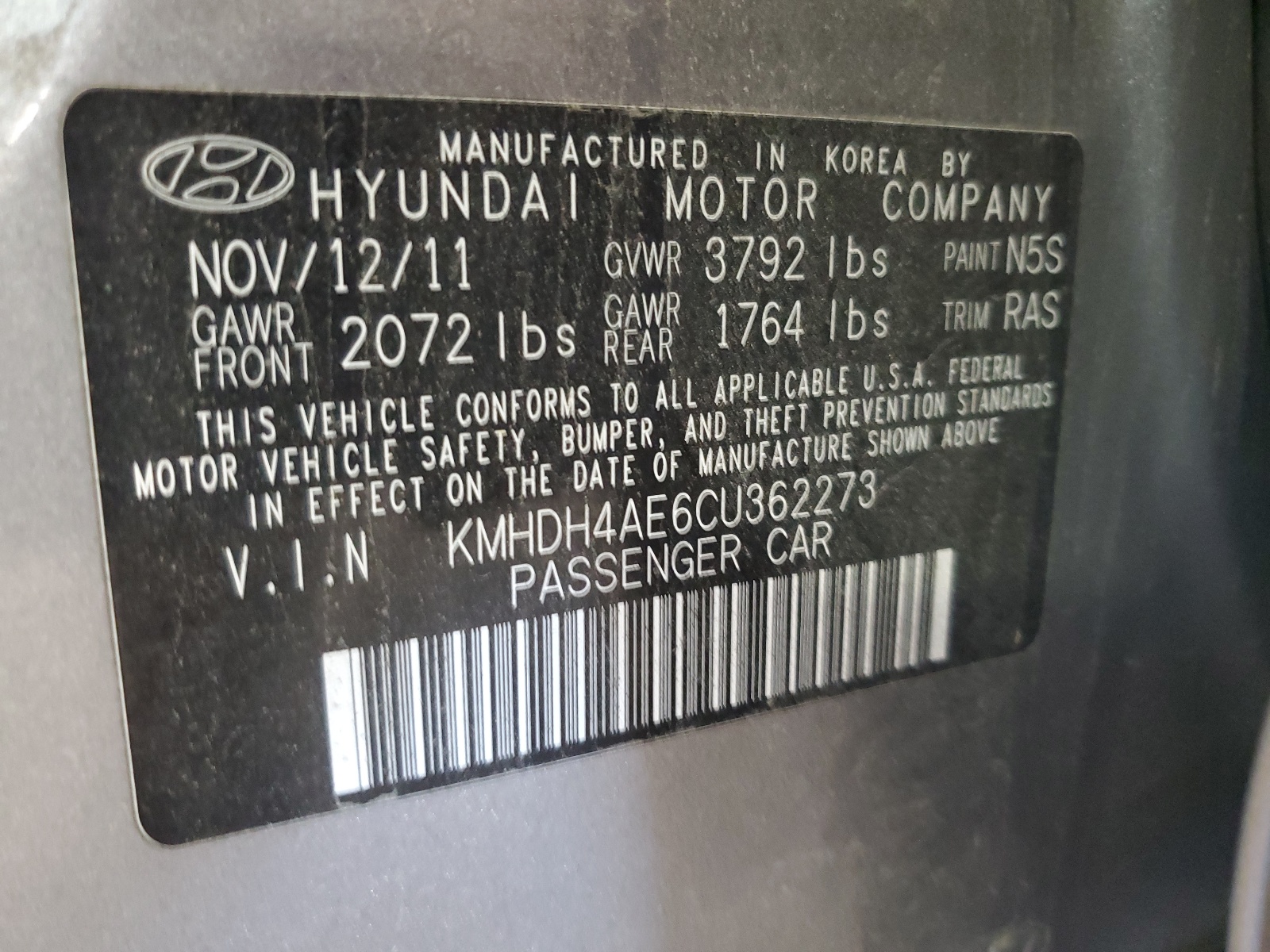 KMHDH4AE6CU362273 2012 Hyundai Elantra Gls
