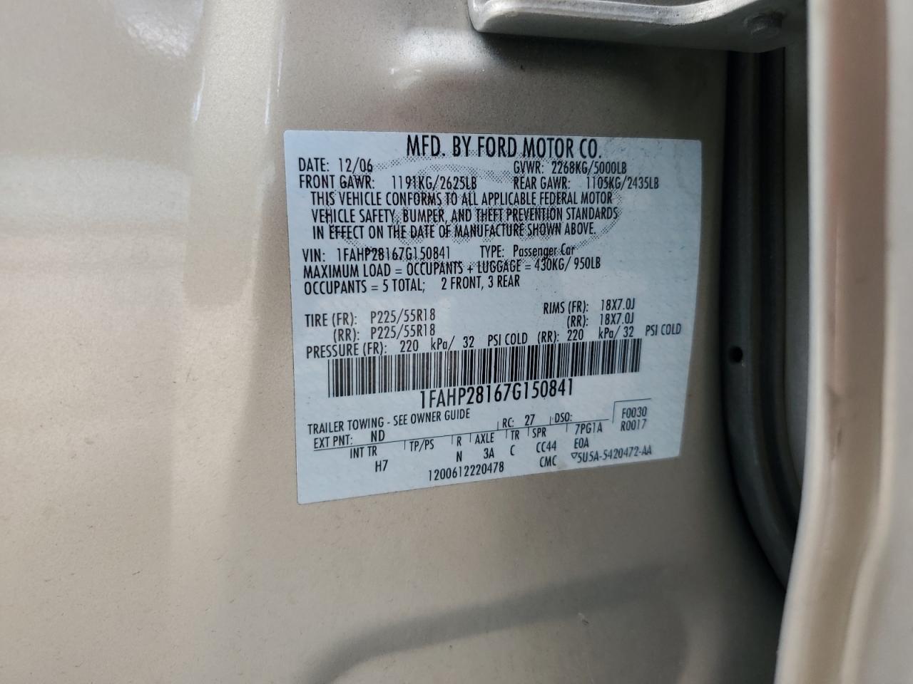 2007 Ford Five Hundred Limited VIN: 1FAHP28167G150841 Lot: 62108694