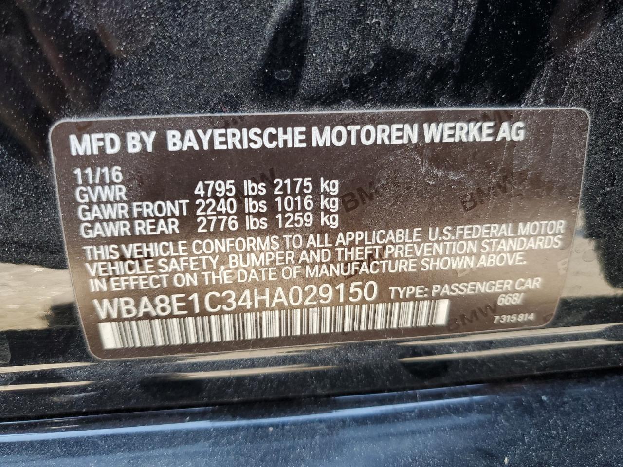 2017 BMW 330E VIN: WBA8E1C34HA029150 Lot: 62952524