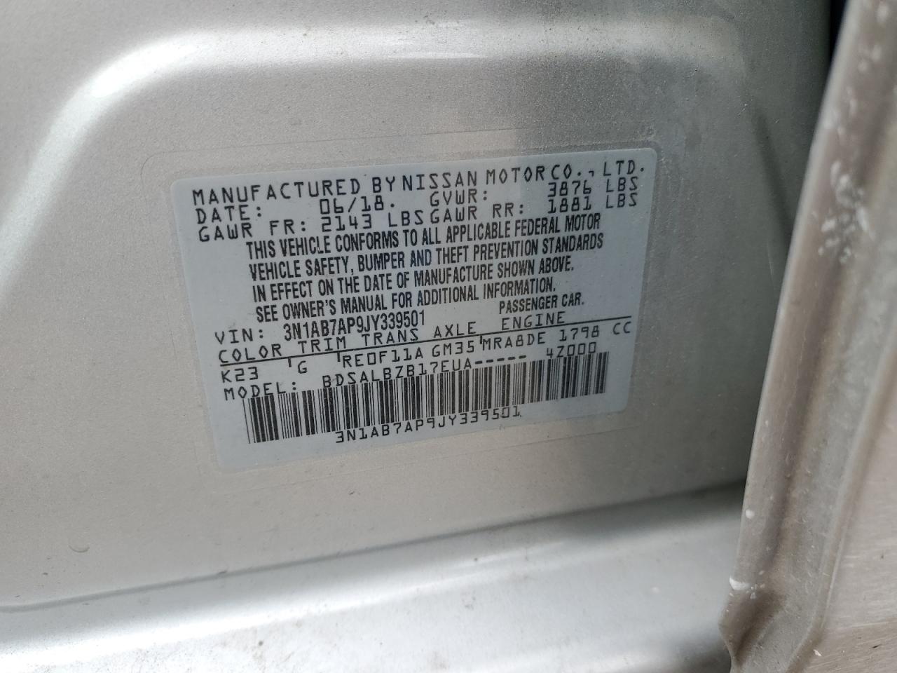 2018 Nissan Sentra S VIN: 3N1AB7AP9JY339501 Lot: 62365684