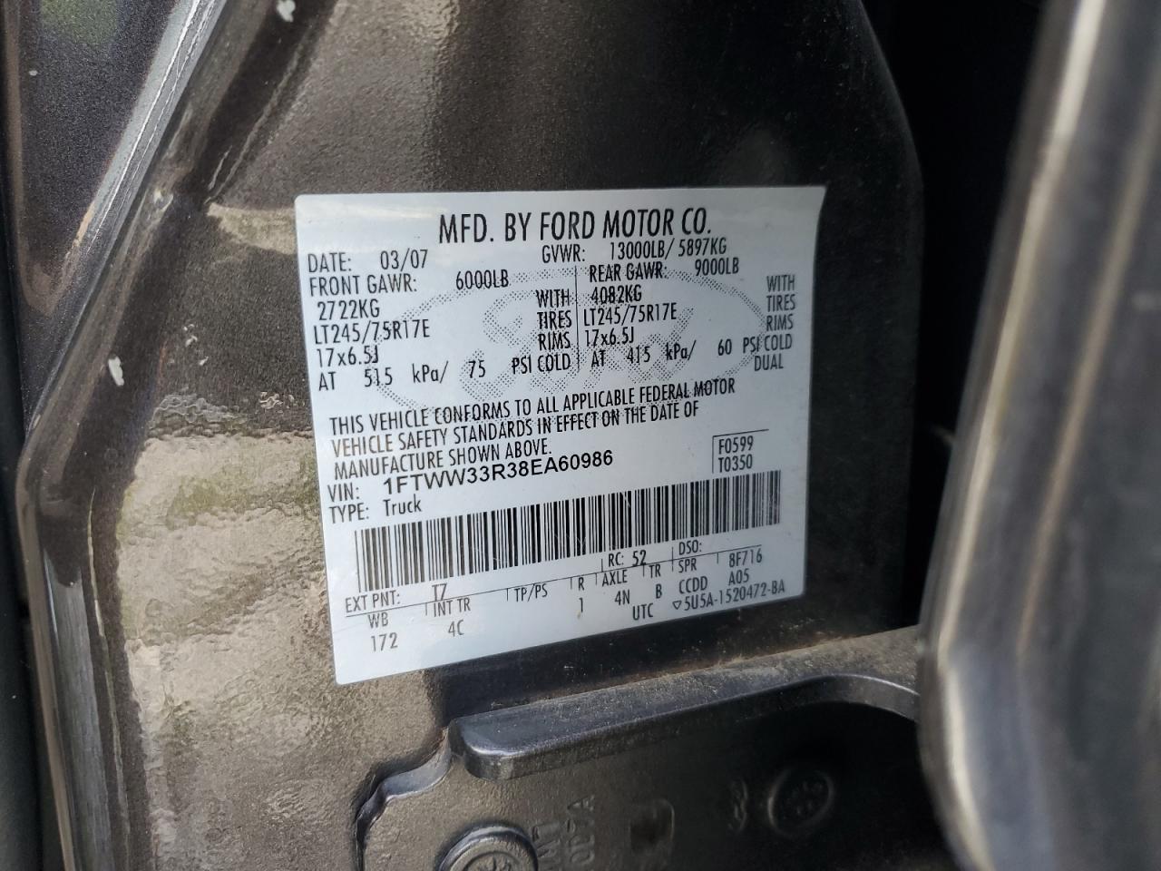 2008 Ford F350 Super Duty VIN: 1FTWW33R38EA60986 Lot: 60612654