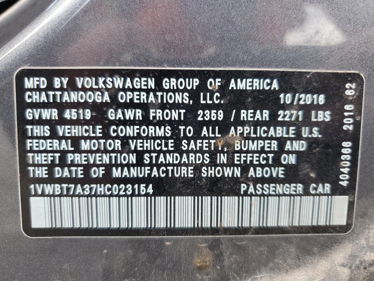 2017 Volkswagen Passat Se VIN: 1VWBT7A37HC023154 Lot: 64193274