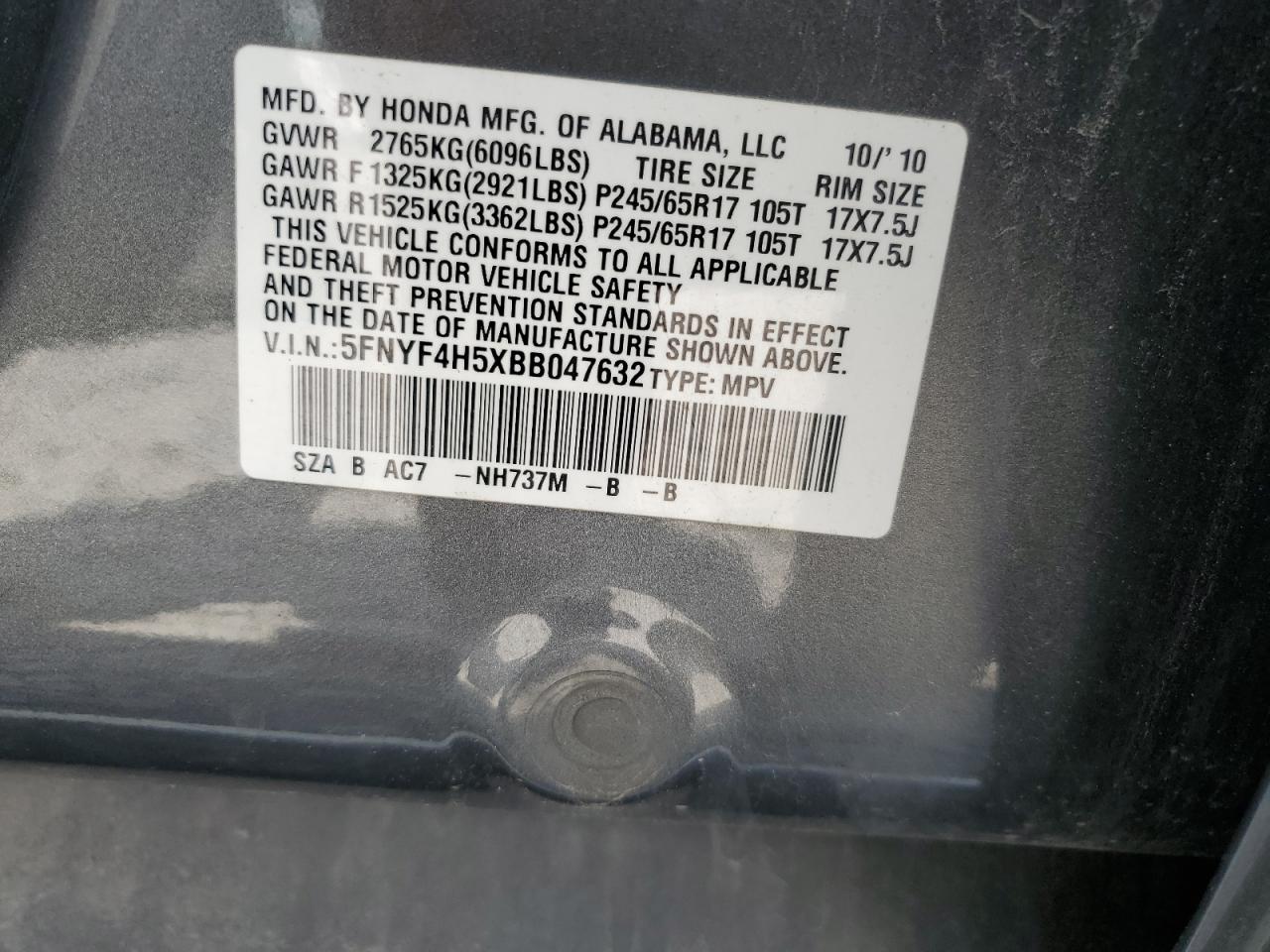 2011 Honda Pilot Exl VIN: 5FNYF4H5XBB047632 Lot: 63847204