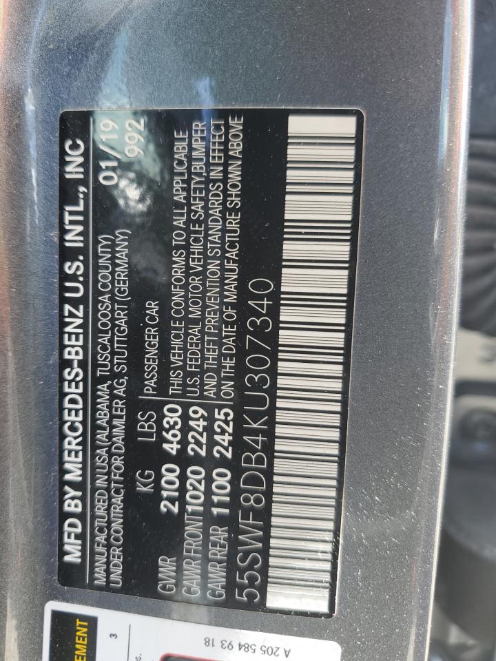 2019 Mercedes-Benz C 300 VIN: 55SWF8DB4KU307340 Lot: 61855484