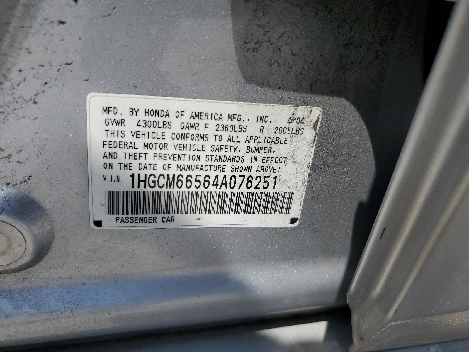 1HGCM66564A076251 2004 Honda Accord Ex