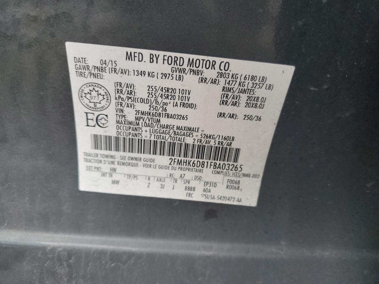 2015 Ford Flex Limited VIN: 2FMHK6D81FBA03265 Lot: 64646334