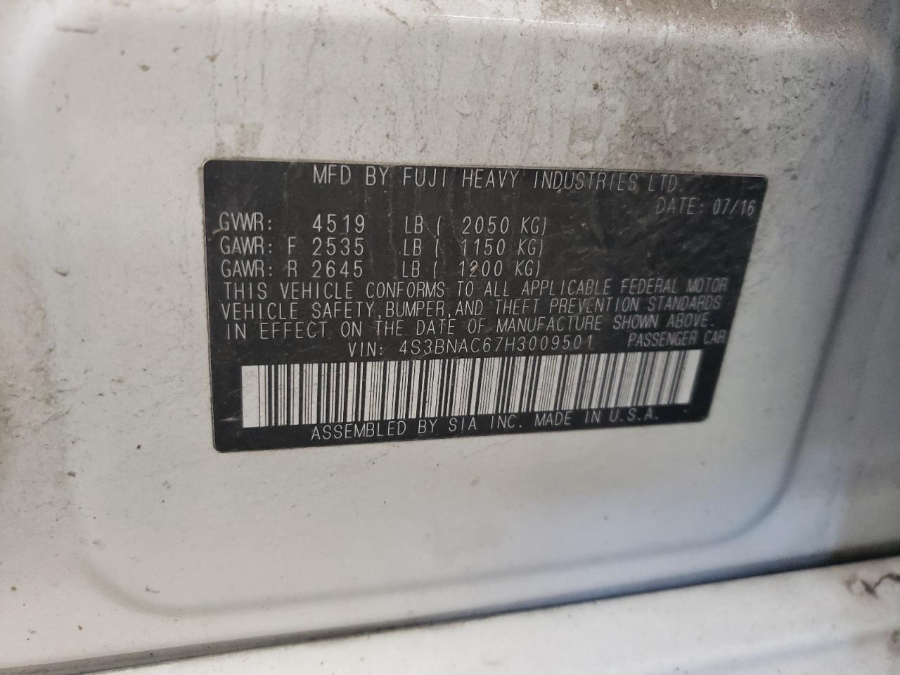 2017 Subaru Legacy 2.5I Premium VIN: 4S3BNAC67H3009501 Lot: 61787954