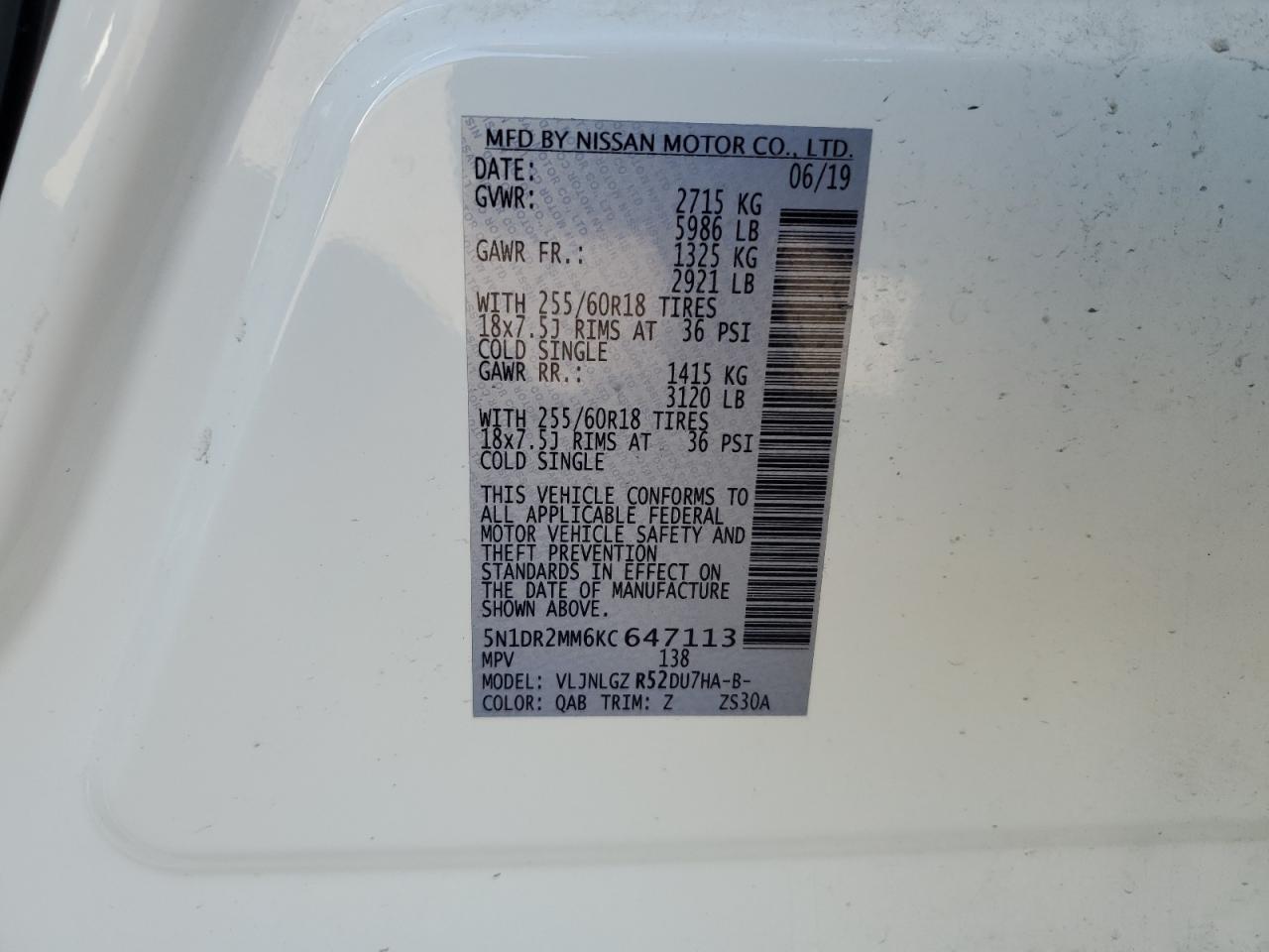 2019 Nissan Pathfinder S VIN: 5N1DR2MM6KC647113 Lot: 62271344