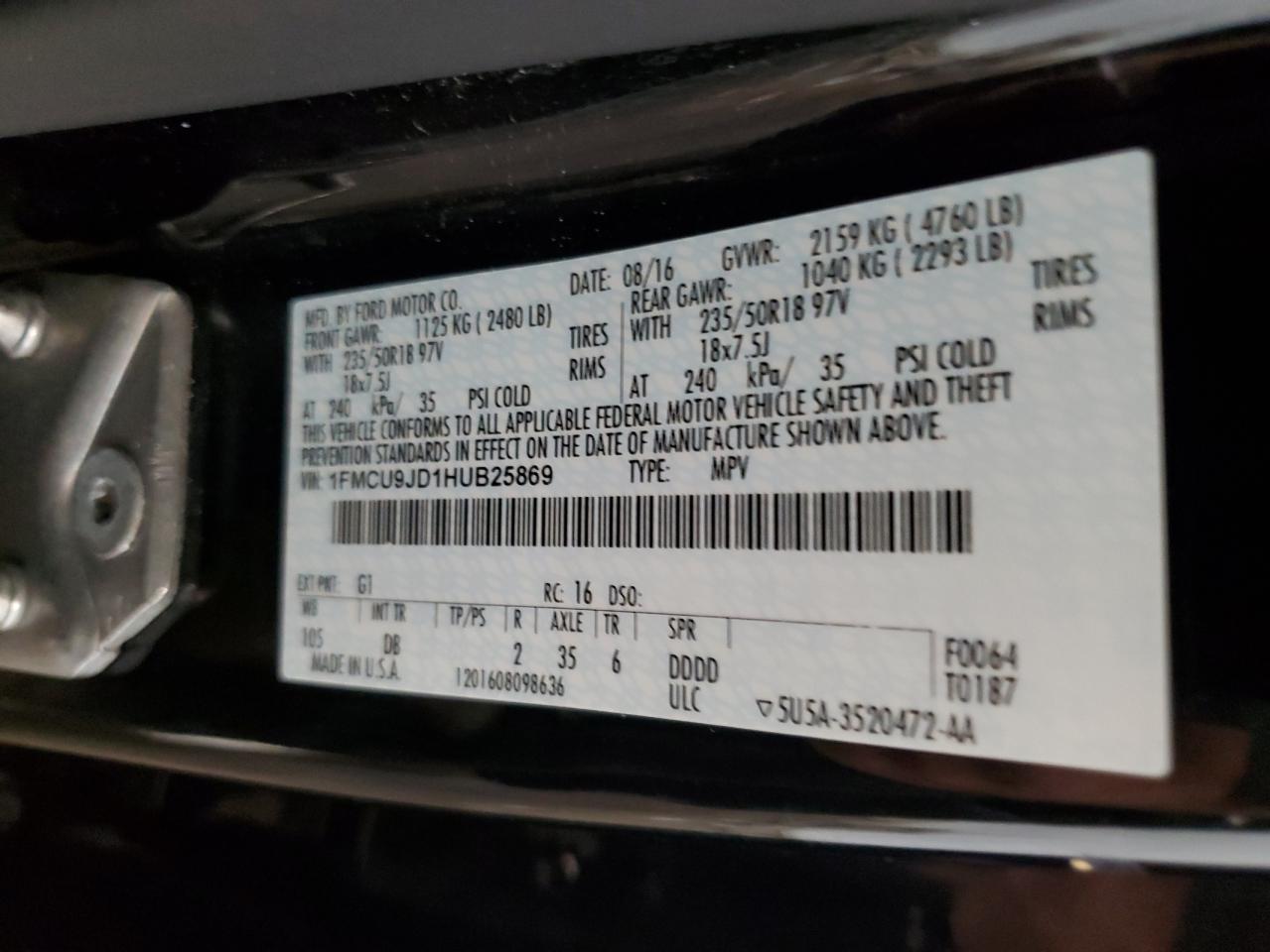 2017 Ford Escape Titanium VIN: 1FMCU9JD1HUB25869 Lot: 64669654