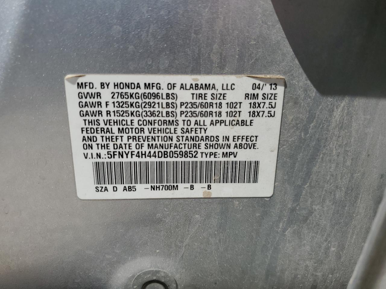 2013 Honda Pilot Ex VIN: 5FNYF4H44DB059852 Lot: 62343944