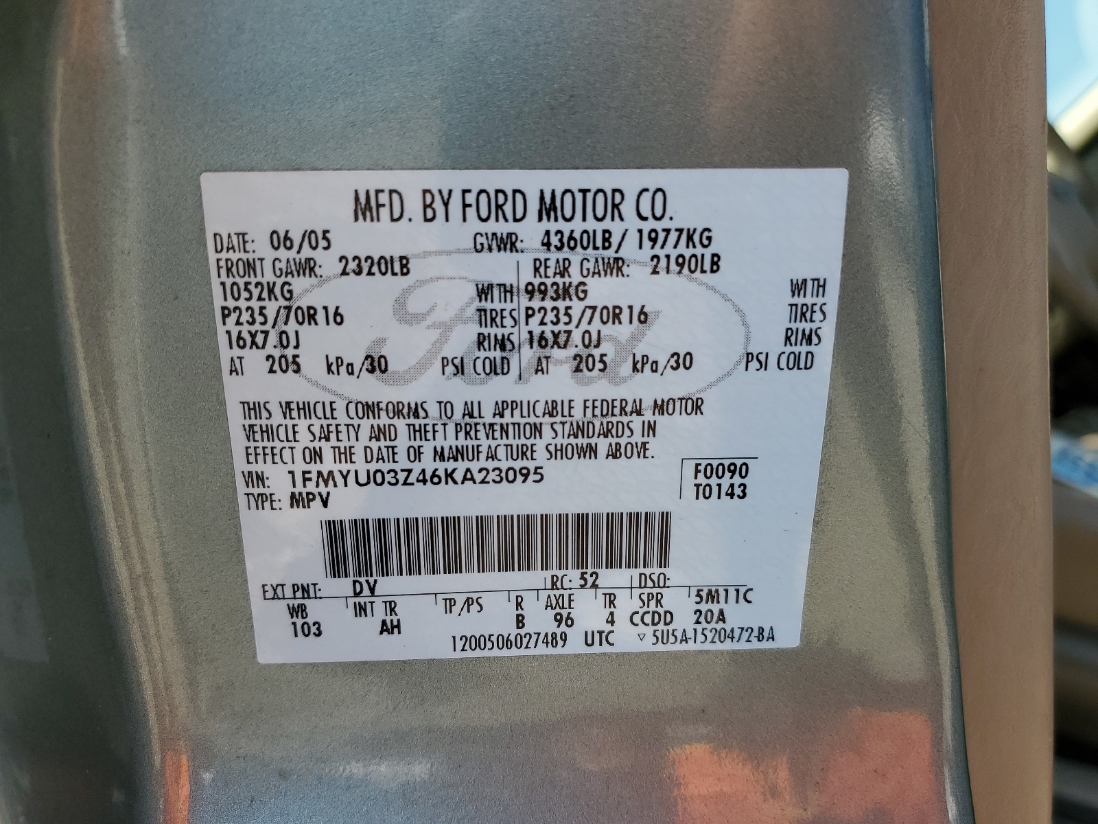 1FMYU03Z46KA23095 2006 Ford Escape Xlt