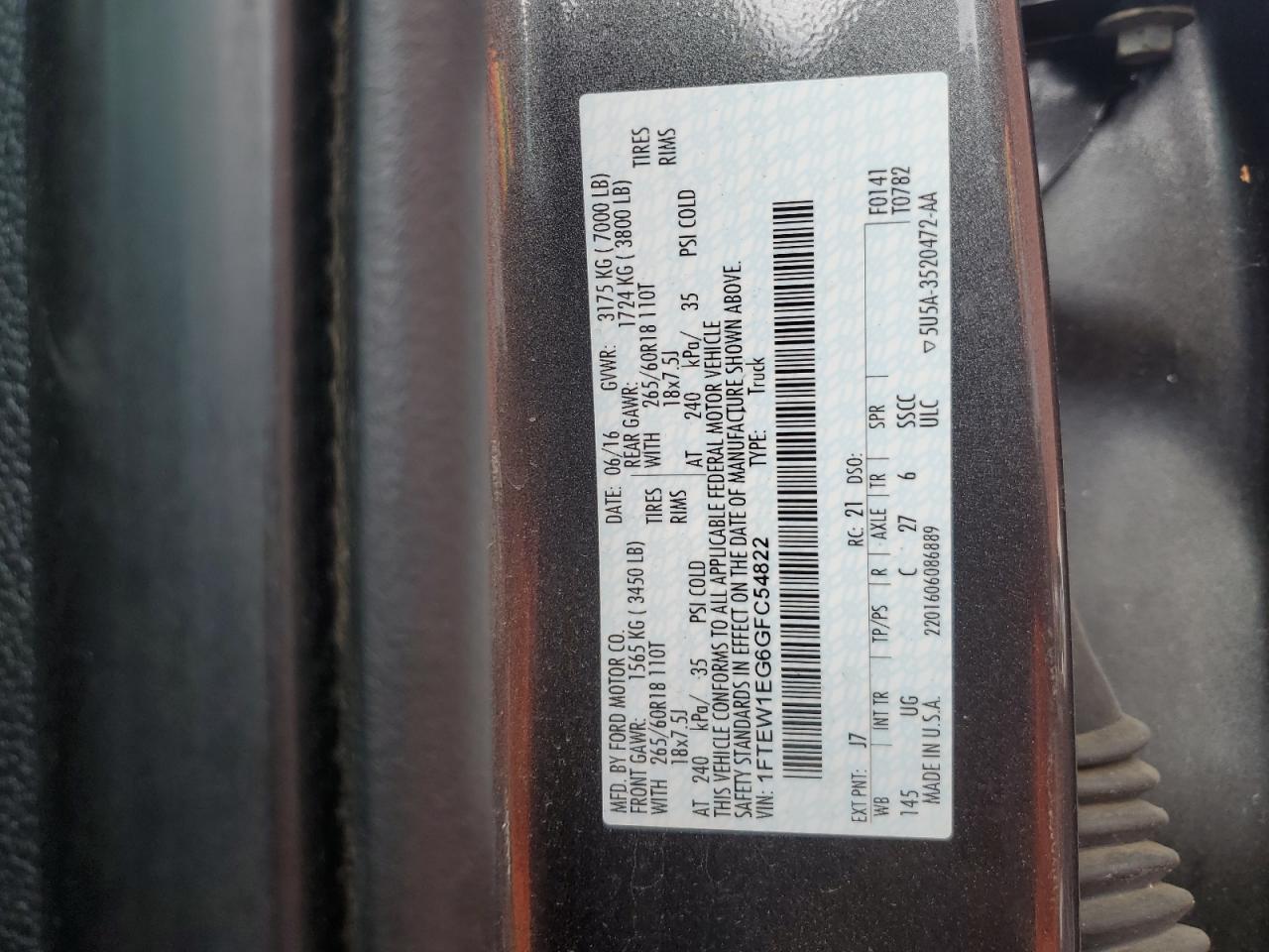 2016 Ford F150 Supercrew VIN: 1FTEW1EG6GFC54822 Lot: 64465604