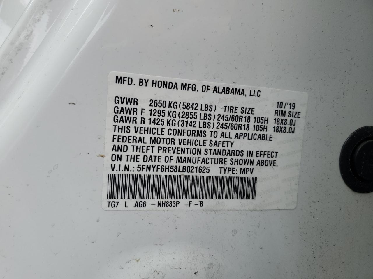 2020 Honda Pilot Exl VIN: 5FNYF6H58LB021625 Lot: 64666864