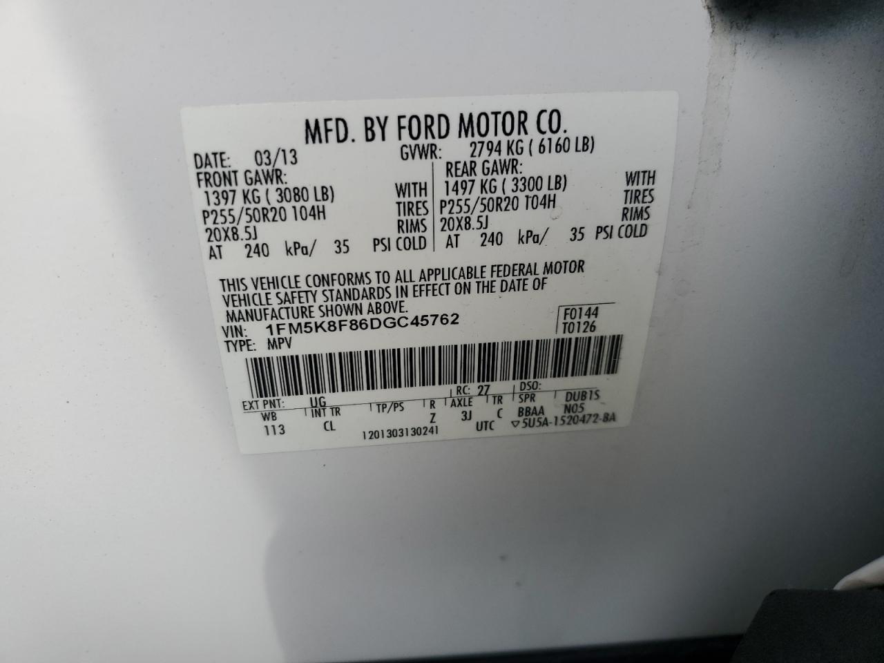 2013 Ford Explorer Limited VIN: 1FM5K8F86DGC45762 Lot: 61903304