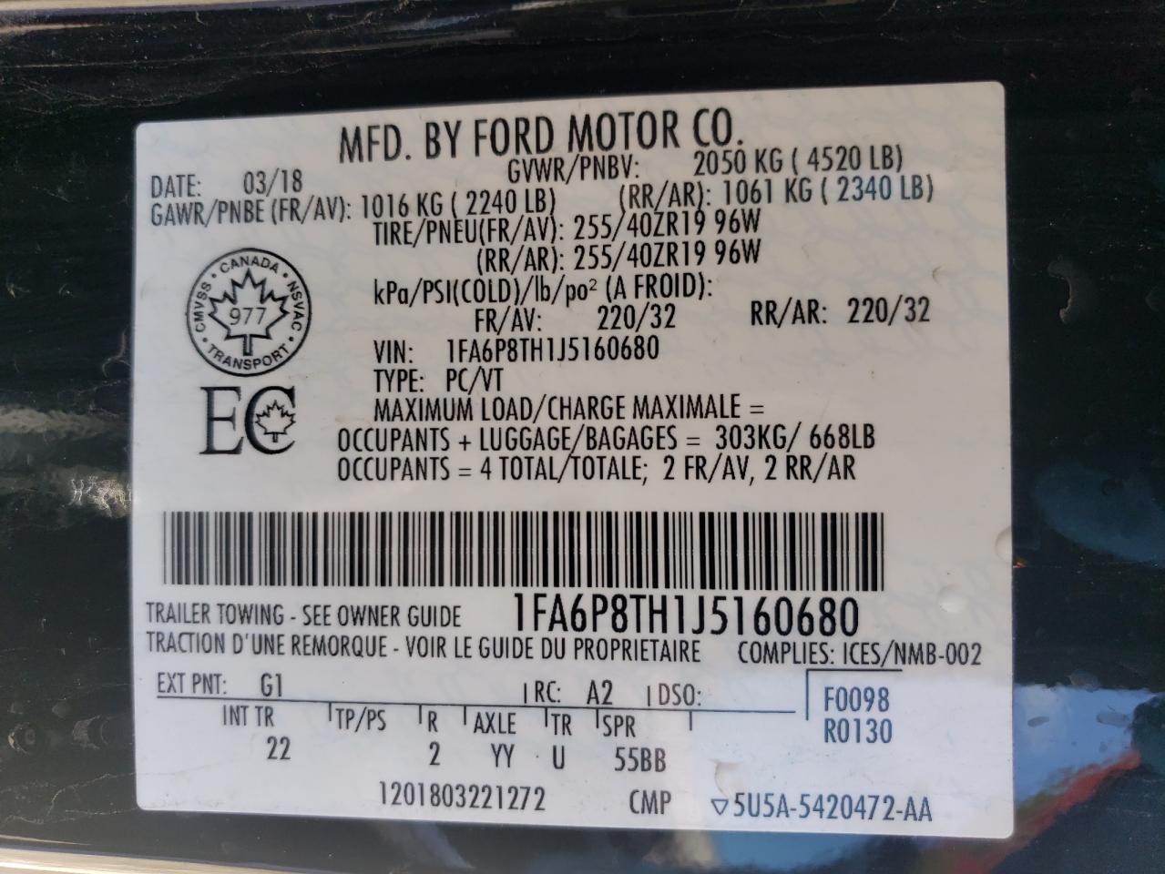 2018 Ford Mustang VIN: 1FA6P8TH1J5160680 Lot: 62985714