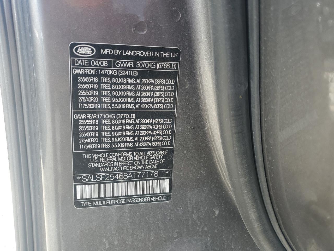 2008 Land Rover Range Rover Sport Hse VIN: SALSF25468A177178 Lot: 64301444