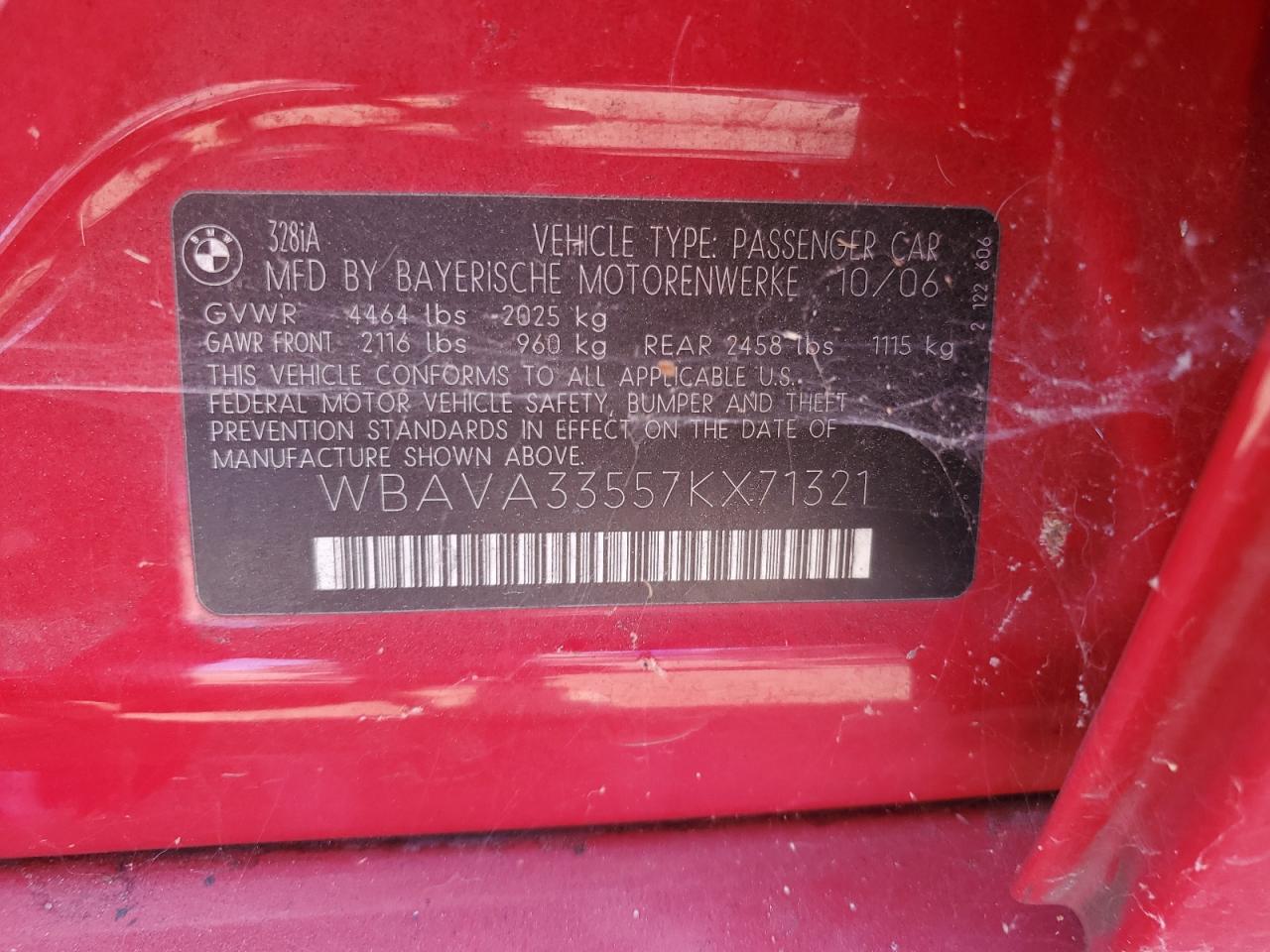 2007 BMW 328 I VIN: WBAVA33557KX71321 Lot: 65062884