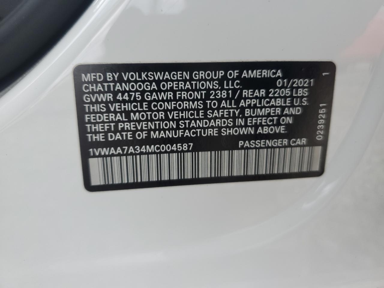 2021 Volkswagen Passat S VIN: 1VWAA7A34MC004587 Lot: 61483714
