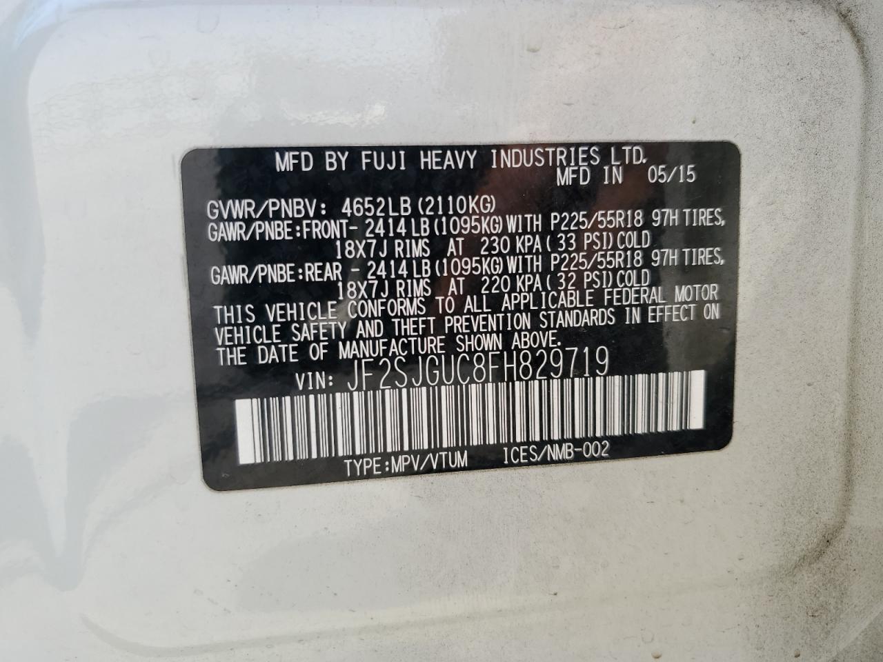 2015 Subaru Forester 2.0Xt Touring VIN: JF2SJGUC8FH829719 Lot: 64008704