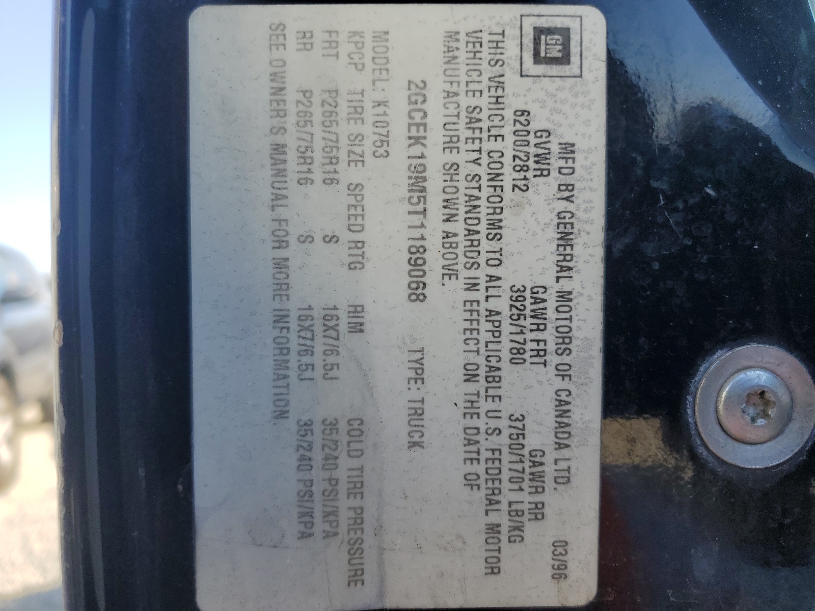 2GCEK19M5T1189068 1996 Chevrolet Gmt-400 K1500