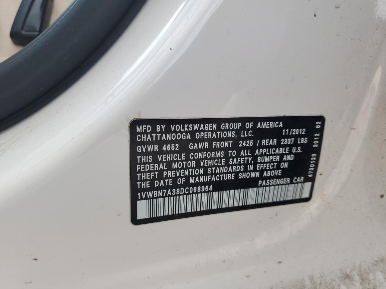 2013 Volkswagen Passat Se VIN: 1VWBN7A38DC068964 Lot: 59994744