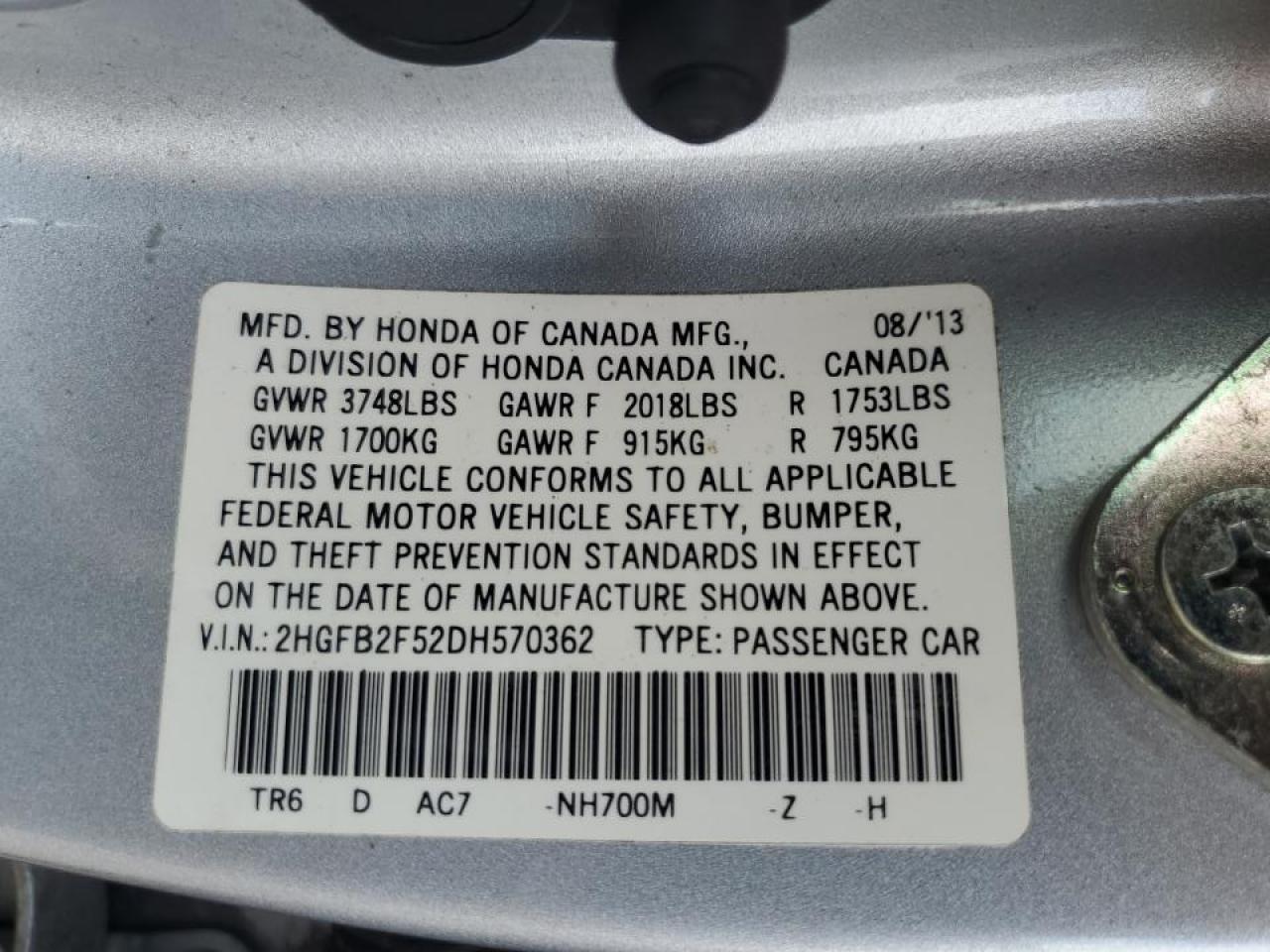 2HGFB2F52DH570362 2013 Honda Civic Lx