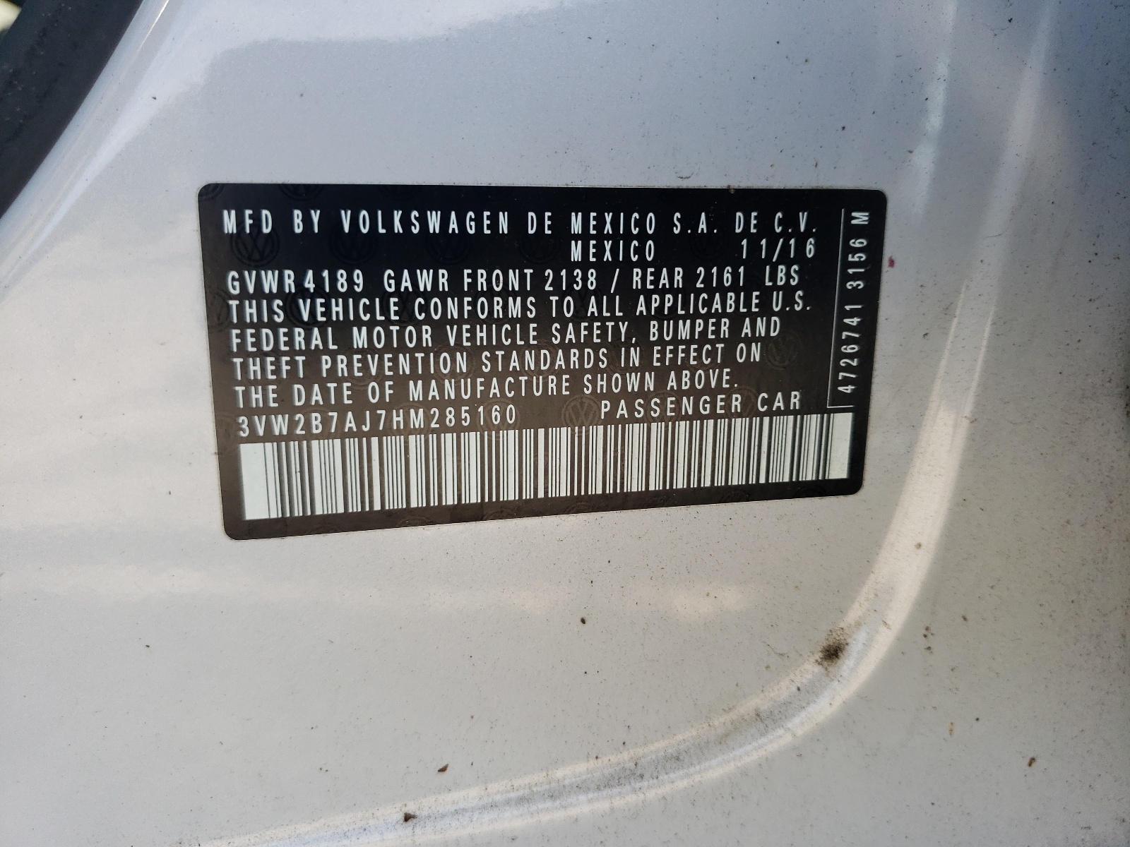 3VW2B7AJ7HM285160 2017 Volkswagen Jetta S