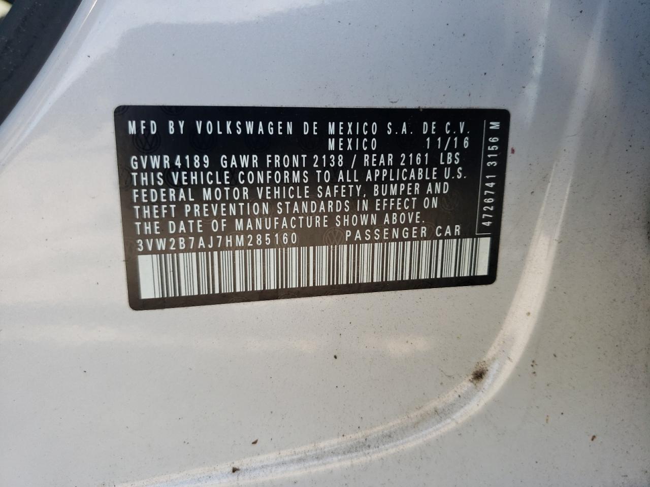 2017 Volkswagen Jetta S VIN: 3VW2B7AJ7HM285160 Lot: 62873644