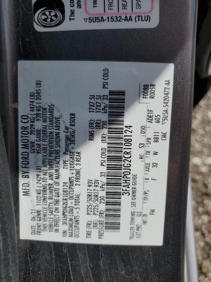 2012 Ford Fusion Sel VIN: 3FAHP0JG2CR108124 Lot: 62021704