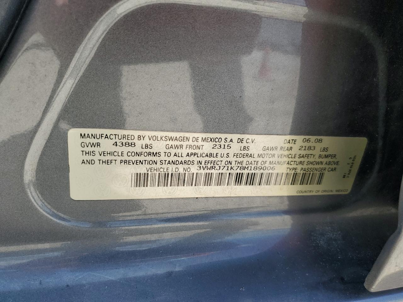2008 Volkswagen Jetta Wolfsburg VIN: 3VWRJ71K78M189006 Lot: 64818884