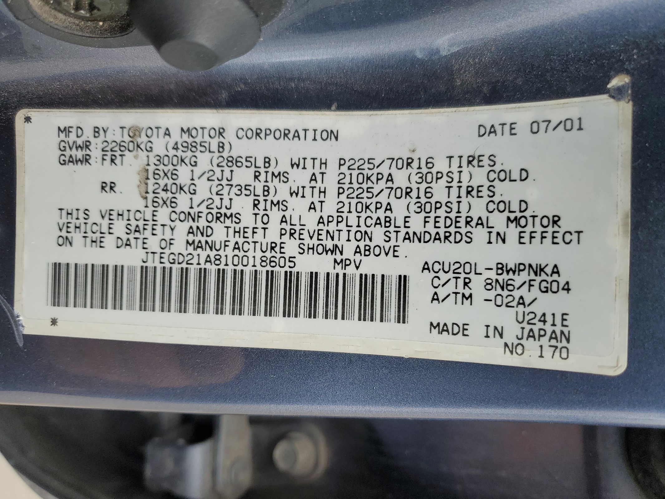 JTEGD21A810018605 2001 Toyota Highlander