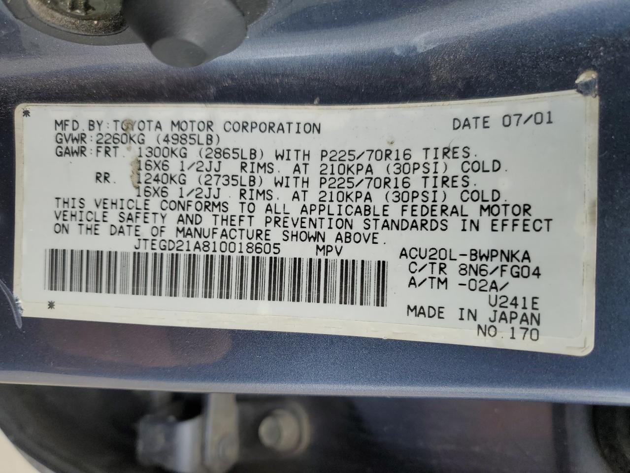 2001 Toyota Highlander VIN: JTEGD21A810018605 Lot: 62634924