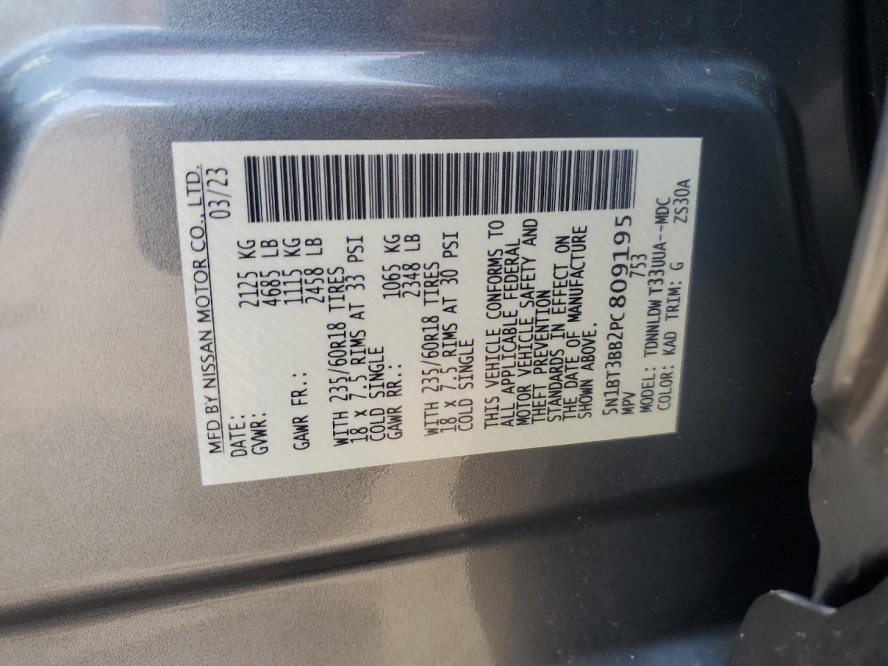 2023 Nissan Rogue Sv VIN: 5N1BT3BB2PC809195 Lot: 63399614